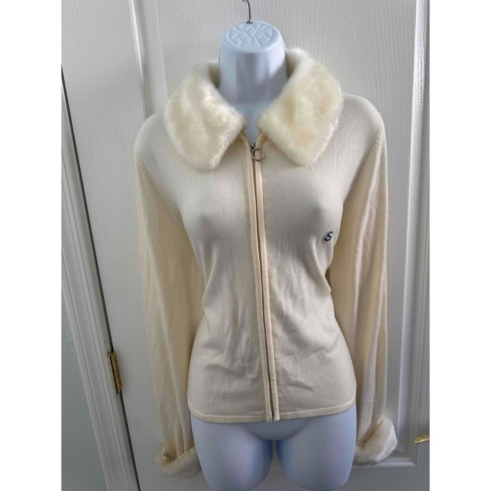NY Collection Sweater Womens Small NWT Cream‎ Zipper Faux Fur Collar Sleeve